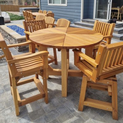 Custom Sunset Patio Table Set (Options: 4.5' Diameter, 42" High by Custom Request, Douglas-fir, with Redwood Cocktail Bar Stools, 2" Umbrella Hole, Transparent Premium Sealant). Photo Courtesy of T. Foster of Commerce City Colorado.