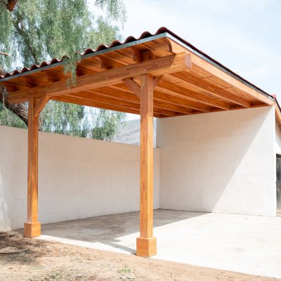Sunset Porch Pavilion (Options: 20' x 12', Posts and Roof Timbers are Mosaic Douglas-Fir, Parquet Roofing is Mosaic Redwood, 8ft H, No Electrical Wiring Trim, 2-Post Anchor Kit for Concrete, No Post Decorative Trim, No Ceiling Fan Base, No Curtain Rods, Transparent Premium Sealant). Internal Ceiling is Our New Parquet Roofing Finish in California Redwood.