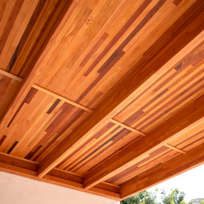Sunset Porch Pavilion (Options: 20' x 12', Posts and Roof Timbers are Mosaic Douglas-Fir, Parquet Roofing is Mosaic Redwood, 8ft H, No Electrical Wiring Trim, 2-Post Anchor Kit for Concrete, No Post Decorative Trim, No Ceiling Fan Base, No Curtain Rods, Transparent Premium Sealant). Internal Ceiling is Our New Parquet Roofing Finish in California Redwood.
