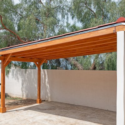 Sunset Porch Pavilion (Options: 20' x 12', Posts and Roof Timbers are Mosaic Douglas-Fir, Parquet Roofing is Mosaic Redwood, 8ft H, No Electrical Wiring Trim, 2-Post Anchor Kit for Concrete, No Post Decorative Trim, No Ceiling Fan Base, No Curtain Rods, Transparent Premium Sealant). Internal Ceiling is Our New Parquet Roofing Finish in California Redwood.