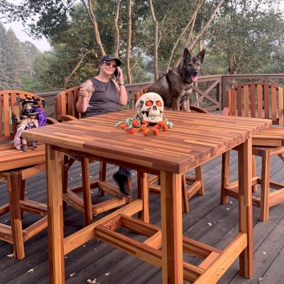 Custom Tete-a-Tete Outdoor Wood Cocktail & Bar Stool Set (Options: Vera's Armchair, 45" x 45" Tabletop but Custom Request, with 4 Stools, Mosaic Redwood, with Swivel Seats, No Cushions, Standard Tabletop, No Umbrella Hole, Transparent Premium Sealant). 