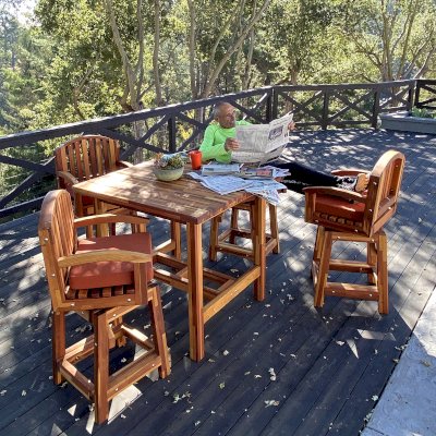 Custom Tete-a-Tete Outdoor Wood Cocktail & Bar Stool Set (Options: Vera's Armchair, 45" x 45" Tabletop but Custom Request, with 4 Stools, Mosaic Redwood, with Swivel Seats, No Cushions, Standard Tabletop, No Umbrella Hole, Transparent Premium Sealant). 