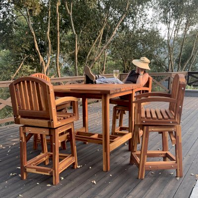 Custom Tete-a-Tete Outdoor Wood Cocktail & Bar Stool Set (Options: Vera's Armchair, 45" x 45" Tabletop but Custom Request, with 4 Stools, Mosaic Redwood, with Swivel Seats, No Cushions, Standard Tabletop, No Umbrella Hole, Transparent Premium Sealant). 