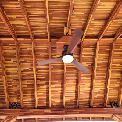 Thick Timber Toledo Wood Pavilion  (Options: 16' L x 14' W, Mosaic Redwood, 4-Post Anchor Kit for High-Wind, Electrical Wiring Trim for 1 Post, 8 x 8 Supports and Posts, 8 x 8 Rafters, 1 Fan Base, Transparent Premium Sealant). Photo Courtesy of A. Shaver of Rogers, Arkansas.