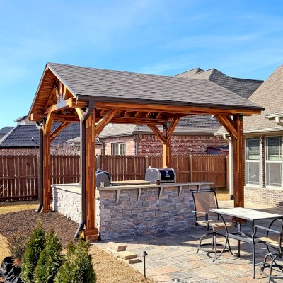 Thick Timber Toledo Wood Pavilions  (Options: 16' L x 14' W, Mosaic Redwood, 4-Post Anchor Kit for High-Wind, Electrical Wiring Trim for 1 Post, 8 x 8 Supports and Posts, 8 x 8 Rafters, 1 Fan Base, Transparent Premium Sealant). Photo Courtesy of A. Shaver of Rogers, Arkansas.