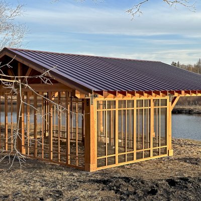 Thick Timber Toledo Wood Pavilions  (Options: 33' L x 33' W, Douglas-fir, 6-Post Anchor Kit for High-Wind, Electrical Wiring Trim for 2 Posts, 8 x 8 Supports and Rafters, 8 x 8 Posts, No Fan Base, with Screening Panels by Custom Request, Transparent Premium Sealant). Photo Courtesy of C. Segal of East Troy, WI.