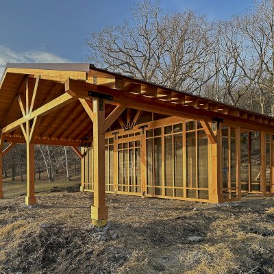 Thick Timber Toledo Wood Pavilions  (Options: 33' L x 33' W, Douglas-fir, 6-Post Anchor Kit for High-Wind, Electrical Wiring Trim for 2 Posts, 8 x 8 Supports and Rafters, 8 x 8 Posts, No Fan Base, with Screening Panels by Custom Request, Transparent Premium Sealant). Photo Courtesy of C. Segal of East Troy, WI.