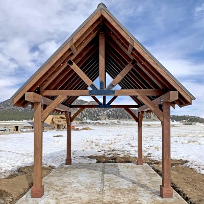 Thick Timber Toledo Wood Pavilion (Options: 16' L x 12' W, Mature Redwood, Custom Roof Pitch, 4-Post Anchor Kit for High-Wind, No Electrical Wiring Trim, 8 x 8 Supports and Posts, 8 x 8 Rafters, No Fan Base, Transparent Premium Sealant).