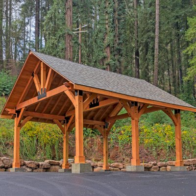 Thick Timber Toledo Wood Pavilions  (Options: 27' L x 25' W, Douglas-fir, 6-Post Anchor Kit for High-Wind, No Electrical Wiring Trims, 10 x 10 Supports and Posts, 8 x 8 Rafters [8 x 12 Bottom Chord], No Fan Base, Transparent Premium Sealant). Photo Courtesy of M. Prosise of Napa, California.