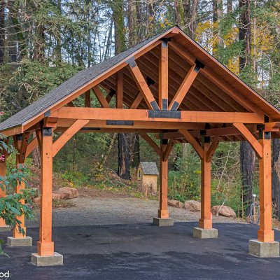 Thick Timber Toledo Wood Pavilions  (Options: 27' L x 25' W, Douglas-fir, 6-Post Anchor Kit for High-Wind, No Electrical Wiring Trims, 10 x 10 Supports and Posts, 8 x 8 Rafters [8 x 12 Bottom Chord], No Fan Base, Transparent Premium Sealant). Photo Courtesy of M. Prosise of Napa, California.