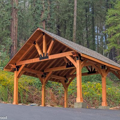 Thick Timber Toledo Wood Pavilions  (Options: 27' L x 25' W, Douglas-fir, 6-Post Anchor Kit for High-Wind, No Electrical Wiring Trims, 10 x 10 Supports and Posts, 8 x 8 Rafters [8 x 12 Bottom Chord], No Fan Base, Transparent Premium Sealant). Photo Courtesy of M. Prosise of Napa, California.