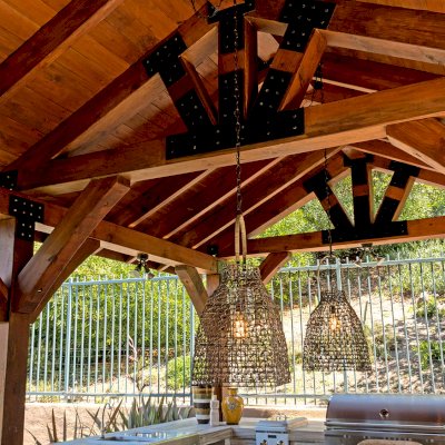 Thick Timber Toledo Wood Pavilions  (Options: 22' L x 14' W, Douglas-fir, 6-Post Anchor Kit for High-Wind, Electrical Wiring Trim for 1 Post, 8 x 8 Supports and Posts, 8 x 8 Rafters, No Fan Bases, Coffee-Stain Premium Sealant). Photo Courtesy of M. Moffitt Jackson of Foothills Ranch, California.