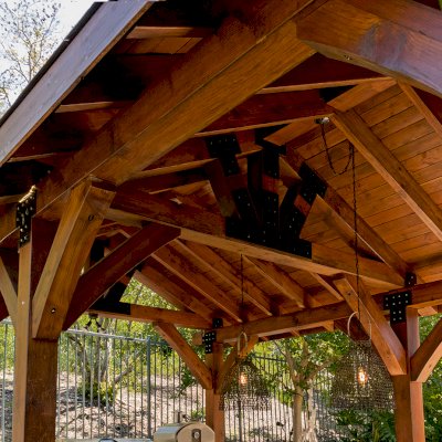 Thick Timber Toledo Wood Pavilions  (Options: 22' L x 14' W, Douglas-fir, 6-Post Anchor Kit for High-Wind, Electrical Wiring Trim for 1 Post, 8 x 8 Supports and Posts, 8 x 8 Rafters, No Fan Bases, Coffee-Stain Premium Sealant). Photo Courtesy of M. Moffitt Jackson of Foothills Ranch, California.