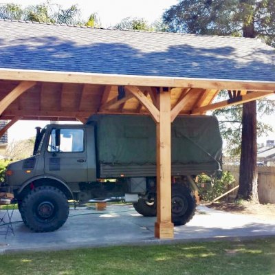 Thick Timber Toledo Wood Pavilions (Options: 27' L x 25' W, Douglas-fir, 6-Post Anchor Kit for High-Wind, Electrical Wiring Trim for 2 Posts, 8 x 8 Supports and Rafters, 10 x 10 Posts, 2 Fan Bases, Transparent Premium Sealant). Photo Courtesy of T. Lane of Kingsburg, CA.
