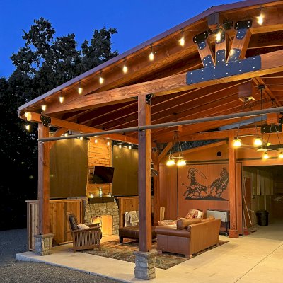 Custom Thick Timber Toledo Wood Pavilion (Options: 20' L x 33' W, Douglas-fir, with 2 Fascia Boards, Custom Roof Pitch, 10' H Posts, with 8 Posts by Custom Request, Coffee-Stain Premium Sealant). Photo Courtesy of P. Bierwith of San Ramon, CA.