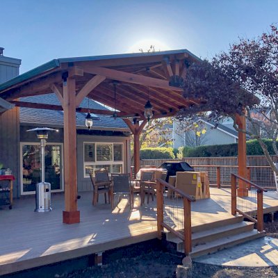 Thick Timber Toledo Wood Pavilions (Options: 20' L x 24' W, California Redwood, 4-Post Anchor Kit for High-Wind, Electrical Wiring Trim Kit for 1 Post, Custom Roof Pitch, 1 Ceiling Fan Base, with 2 Fascia Boards, Transparent Premium Sealant). Photo Courtesy of D. Bowman of Santa Rosa, CA.