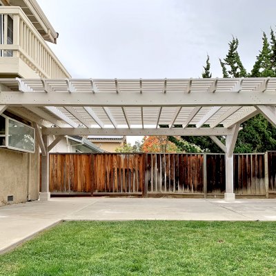 Traditional Wooden Garden Pergola (Options: 22' L x 15' W, California Redwood, No Electrical Wiring Trim, Open Roof with Slats at 6", Rafters at 18", 4-Post Anchor Kit for Concrete, No Ceiling Fan Base, No Privacy Panels, No Curtain Rods, 8' Posts, White Stain Premium Sealant).