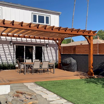 Custom Thick Timber Garden Pergola Built in Western Red Cedar (Options: 23' L x 14' W, Open Roof with Slats at 12", Rafters at 18", 4-Post Anchor Kit for Wood, No Ceiling Fan Base, No Privacy Panels, No Post Decorative Trims, 2 Curtain Rod, Transparent Premium Sealant). Photo Courtesy of B. Barkman of Santa Monica, California.