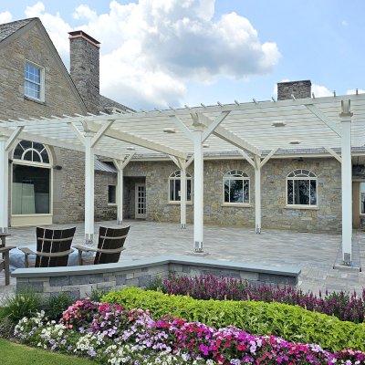 Traditional Wooden Garden Pergola (Options: 25' L x 40' W, Douglas-fir, Open Roof with Slats at 18", Horizontal Decorative Trims on All Posts, Rafters at 18", Post Anchor Kit for High-Wind, 6 Ceiling Fan Bases, No Privacy Panels, Electrical Wiring Trim Kit for All Posts, 12' Posts, White Wash Finish). Photo Courtesy of Onondaga Golf and Country Club of Kirkville, NY.