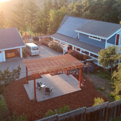 Traditional Wooden Garden Pergola (Options: 20' L x 14' W, California Redwood, No Electrical Wiring Trims, Open Roof with Slats at 6", Rafters at 18", Standard End Cut Detail, 4-Post Anchor Kit for Concrete, No Post Decorative Trims, No Ceiling Fan Base, No Privacy Panels, No Curtain Rods, 9.5' Posts, Transparent Premium Sealant). Photo Courtesy of J. Meyer of Los Gatos, CA.