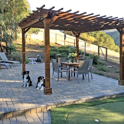 Traditional Wooden Garden Pergola.  (Options: 14' L x 14' W, California Redwood, Transparent Premium Sealant). Photo taken 3 years after initial installation. 