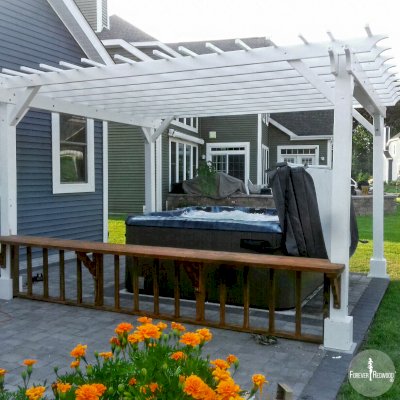 Traditional Wooden Garden Pergola (Options: 16' L x 14' W, Douglas-fir, No Electrical Wiring Trim, Open Roof with Slats at 12", Rafters at 18", 4-Post Anchor Kit for Concrete, No Ceiling Fan Base, No Privacy Panels, No Curtain Rods, 9' Post Height, Off-White Oil-Based Primer). Photo Courtesy of V. Yzaguirre of Lewes, Delaware.