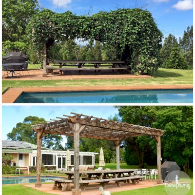 These photos are a typical example of Redwood's durability. The Pergola/Table set was installed in early 2008 and aggressive vines grew unimpeded until removed in late 2015. The finish took a beating from the vines and the light powerwashing, but the Redwood is fine after 8 years in Hawaii's moist and hot climate. Customer plans on refinishing in coming weeks. Pergola and Table Made in Old-Growth Redwood. Photo Courtesy of Mr. and Ms. Cole, Maui, HI.