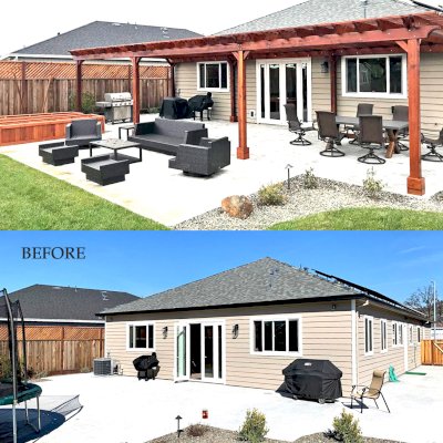 Before - After Installation. Traditional Wooden Garden Pergola (Options: 42’ L x 16’-3 1/2” W, Old-Growth Redwood by Custom Request, No Electrical Wiring Trim, Open Roof with Slats at 6", Rafters at 18", 8-Post Anchor Kit for Concrete, No Ceiling Fan Base, No Privacy Panels, No Post Decorative Trims, No Curtain Rod, 10' Post Height, Transparent Premium Sealant). Photo Courtesy of D. Menzel of Santa Rosa, CA.