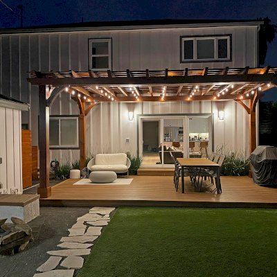 Custom Thick Timber Garden Pergola Built in Western Red Cedar (Options: 23' L x 14' W, Open Roof with Slats at 12", Rafters at 18", 4-Post Anchor Kit for Wood, No Ceiling Fan Base, No Privacy Panels, No Post Decorative Trims, 2 Curtain Rod, Transparent Premium Sealant). Photo Courtesy of B. Barkman of Santa Monica, California.