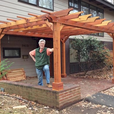 Traditional Wooden Garden Pergola (Options: 11' 4" x 16', California Redwood, Slats at 36", Custom Posts Length, 4-Post Anchor Kit for Concrete, Transparent Premium Sealant). Photo Courtesy of Jhon & Janet K. of Falls Church, Virginia.