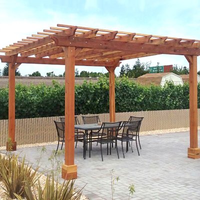 Traditional Wooden Garden Pergola (Options: 14' L x 14' W, California Redwood, Electrical Wiring Trim for 1 Post, Open Roof with Slats at 12", Rafters at 18", 4-Post Anchor Kit for Concrete, No Ceiling Fan Base, No Privacy Panels, No Curtain Rods, Transparent Premium Sealant). Photo Courtesy of J. Welsh of Los Gatos, CA.