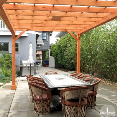 Traditional Wooden Garden Pergola (Options: 15' L x 12' W, Douglas-fir, Electrical Wiring Trim for 1 Post, Open Roof with Slats at 18", Rafters at 18", Lengthwise Roof Support Timbers, 6-Post Anchor Kit for Concrete, 1 Ceiling Fan Base, No Privacy Panels, No Curtain Rods, 9' Post Height, Transparent Premium Sealant). Photo Courtesy of L. Martling of Los Angeles, CA.
