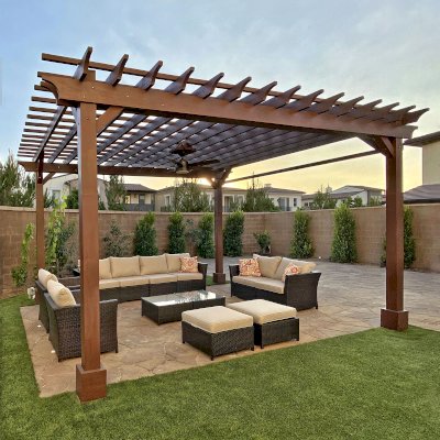 Traditional Wooden Garden Pergola (Options: 16' L x 15' W, Douglas-fir, 1 Electrical Wiring Trim, Open Roof with Slats at 12", Rafters at 12", 4-Post Anchor Kit for Concrete, 1 Ceiling Fan Base, No Privacy Panels, 1 Curtain Rod, 9.5' Posts, Custom Paint). Photo Courtesy of M. Ibrahim of Irvine, California.