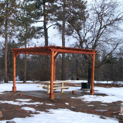 Traditional Wooden Garden Pergola (Options: 15' L x 15' W, Mature Redwood, No Electrical Wiring Trim, Open Roof with Slats at 18", Rafters at 18", 4-Post Anchor Kit for Stone, No Ceiling Fan Base, No Privacy Panels, No Curtain Rods, 9' Post Height, Transparent Premium Sealant). 1 of 9 Pergolas installed in the Cleveland National Forest's Burnt Rancheria Campground,1 hr west of San Diego.