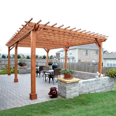 Traditional Wooden Garden Pergola (Options: 25' L x 16' W, Mature Redwood, No Electrical Wiring Trim, Slats at 12" and Rafters at 18", Lengthwise Roof Support Timbers, 6-Post Anchor Kit For Stone, No Ceiling Fan Base, No Privacy Panels, No Curtain Rods, 9' Post Height, Transparent Premium Sealant).