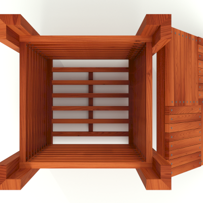 The Trellised Trash Receptacle (Options: California Redwood, Transparent Premium Sealant). Rendering Image.