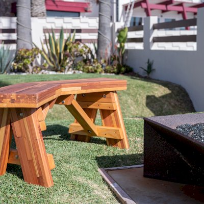 V-Wing Benches (Options: 36 inches, Mosaic Redwood, No Engraving, Transparent Premium Sealant).