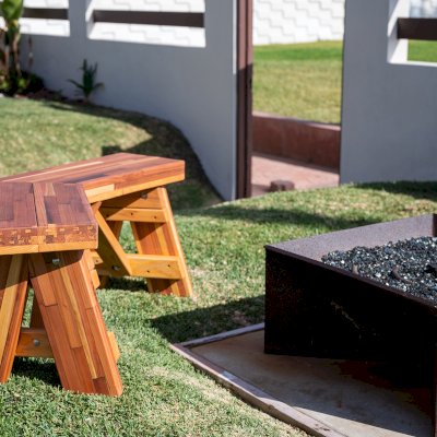 V-Wing Benches (Options: 36 inches, Mosaic Redwood, No Engraving, Transparent Premium Sealant).