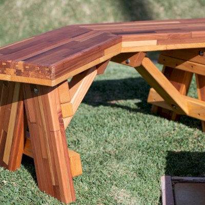V-Wing Benches (Options: 36 inches, Mosaic Redwood, No Engraving, Transparent Premium Sealant).