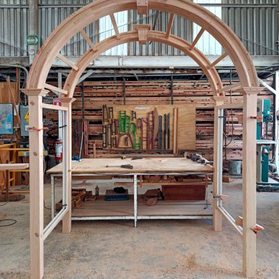 Versailles Arbor in Production (Options: 84" W x 48" D, Douglas-fir, with Horizontal Post Decorative Trims).