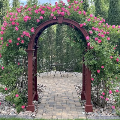 Versailles Arbor (Options: 60" W x 43" D, California Redwood, Cherry Stain Premium Sealant).