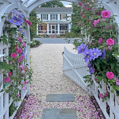 Custom Versailles Arbor (Options: 60" W x 60" D, Douglas-fir, 8' H, Custom Stain) with Custom Fence and Door. Photo Courtesy of Jessica and Brian Steel of Leesburg, Maryland.