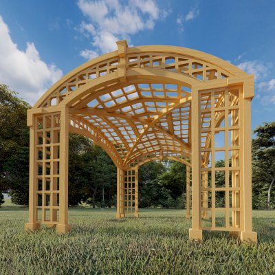 Render of The Victorian Arch Trellis Pergola (Options: 16' L x 12' W, No Rain Guard).