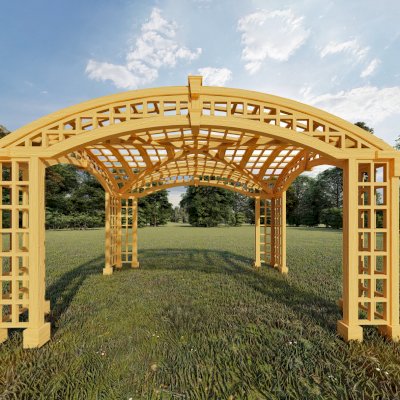 Render of The Victorian Arch Trellis Pergola (Options: 16' L x 12' W, No Rain Guard).