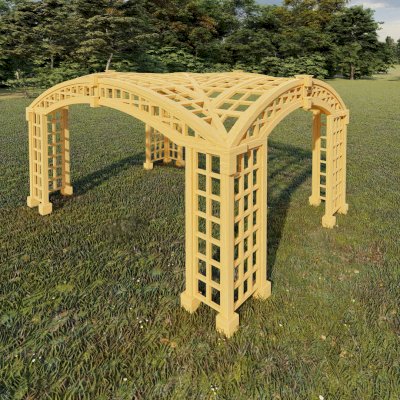 Render of The Victorian Arch Trellis Pergola (Options: 16' L x 12' W, No Rain Guard).