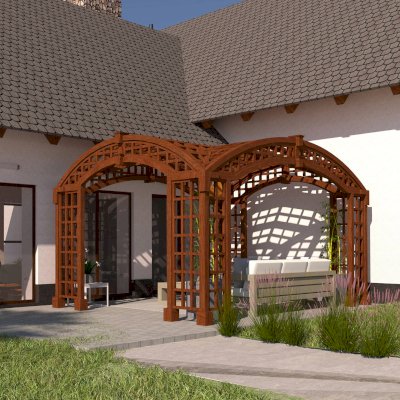 Render of The Victorian Arch Trellis Pergola (Options: 16' L x 12' W, No Rain Guard).