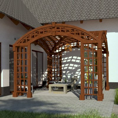 Render of The Victorian Arch Trellis Pergola (Options: 16' L x 12' W, No Rain Guard).