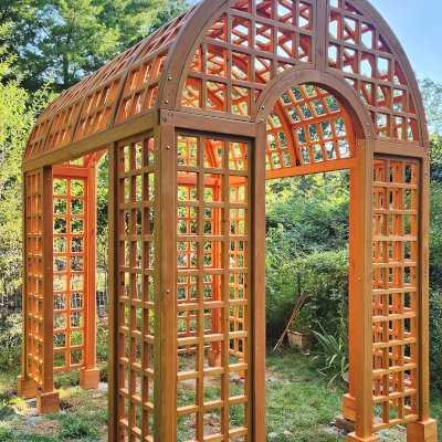 The Victorian Trellis (Options: 10' L x 8' W, Without Arcs and Lattice Panels, Douglas-fir, No Rain Guard, No Electrical Wiring Trim, Post Anchor Kit for High-Wind, 4x4 Posts, No Ceiling Fan Base, Transparent Premium Sealant). Photo Courtesy of C. Freeman of Saylorsburg, PA.