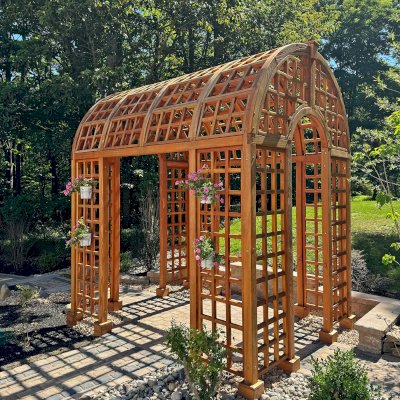 The Victorian Trellis (Options: 10' L x 8' W, Without Arcs and Lattice Panels, Douglas-fir, No Rain Guard, No Electrical Wiring Trim, Post Anchor Kit for High-Wind, 4x4 Posts, No Ceiling Fan Base, Transparent Premium Sealant). Photo Courtesy of C. Freeman of Saylorsburg, PA.