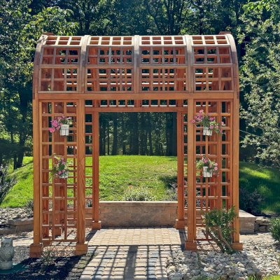 The Victorian Trellis (Options: 10' L x 8' W, Without Arcs and Lattice Panels, Douglas-fir, No Rain Guard, No Electrical Wiring Trim, Post Anchor Kit for High-Wind, 4x4 Posts, No Ceiling Fan Base, Transparent Premium Sealant). Photo Courtesy of C. Freeman of Saylorsburg, PA.